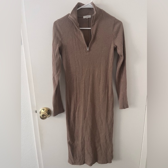 Rag & Bone Laila Long Sleeve Midi Sweater Dress Taupe Side Slit Zip Size Small - Picture 2 of 14